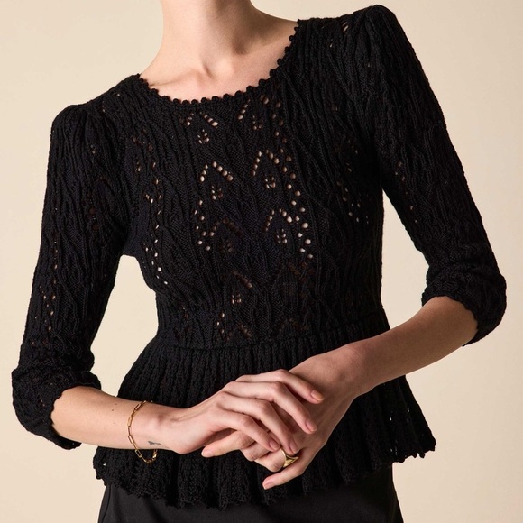 NWT St.Roche Filigree Floral Knit Crochet Sweater Peplum Pullover Top Black S - Picture 4 of 13